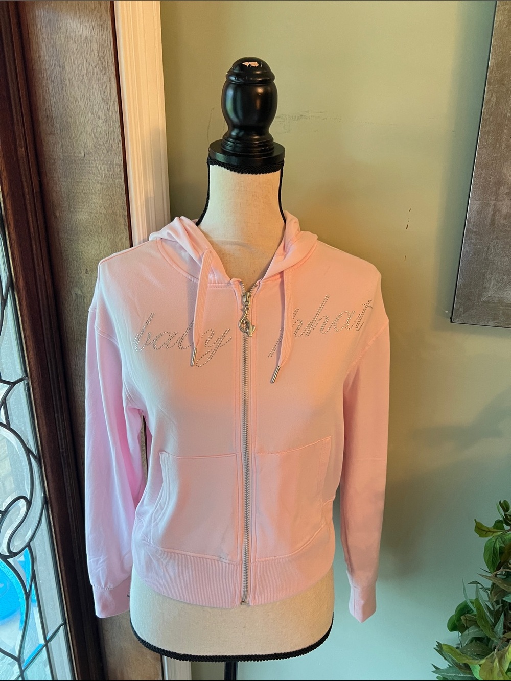 Baby Phat Light Pink Rhinestone Script Zip Hoodie